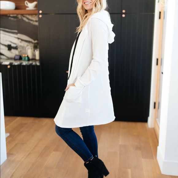 Hooded and Laced Waffle Knit Cardigan in Off White - Picture 8 of 11